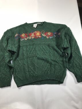 Vintage TOGETHER Womens Knit Sweater Green Speckle Floral Sz XL (16)